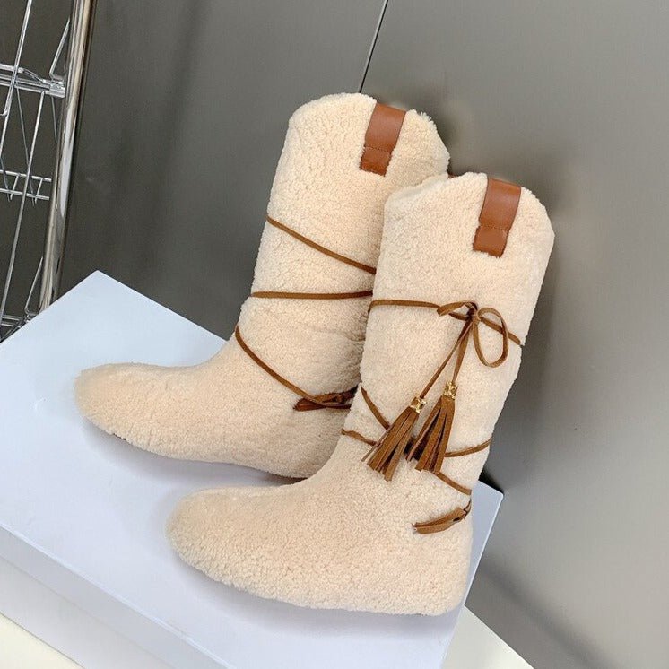 Woman Cross - tied Snow Boots Flats Knee High Boots - LiveTrendsX