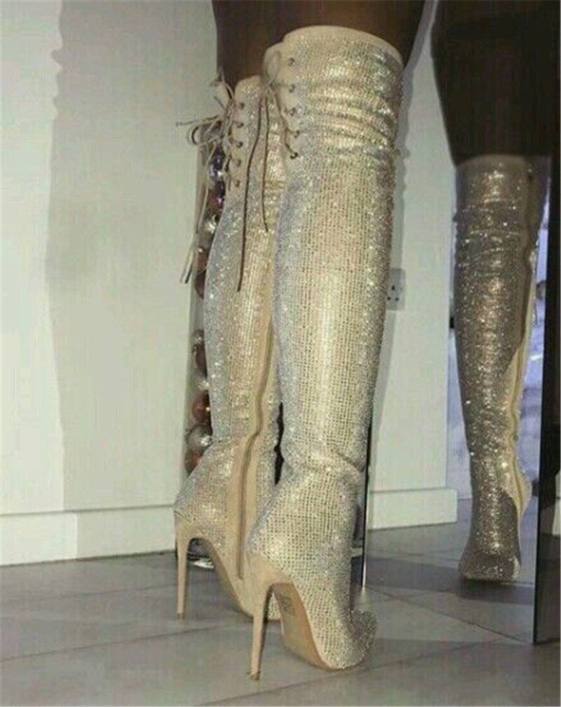 Woman Crystal Pointed Toe Over The Knee Boots plus size - LiveTrendsX