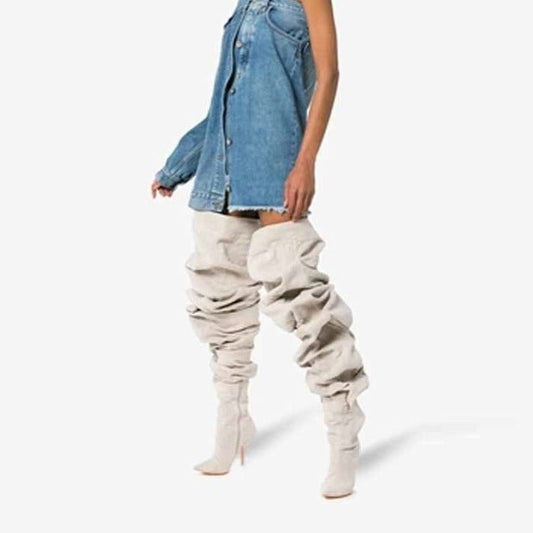 Woman Over The Knee Boots Pointed Toe High Heels Motorcycle Boots - LiveTrendsX