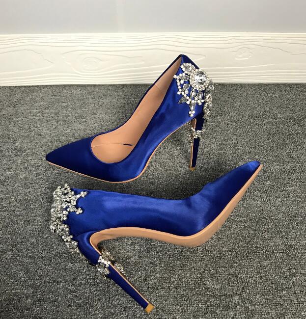 Woman twine diamonds flower high heel blue dress shoes - LiveTrendsX