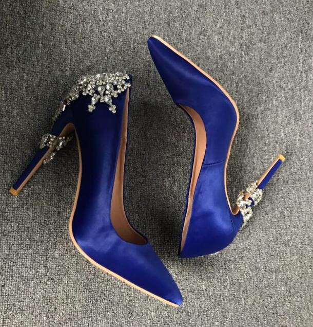 Woman twine diamonds flower high heel blue dress shoes - LiveTrendsX