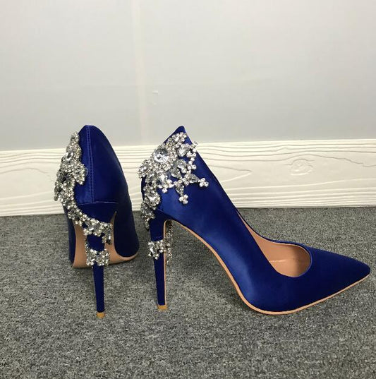Woman twine diamonds flower high heel blue dress shoes - LiveTrendsX