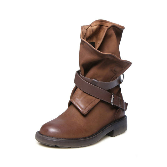 Women ankle boots natural leather plus size vintage belt buckle motorcycle boots - LiveTrendsX