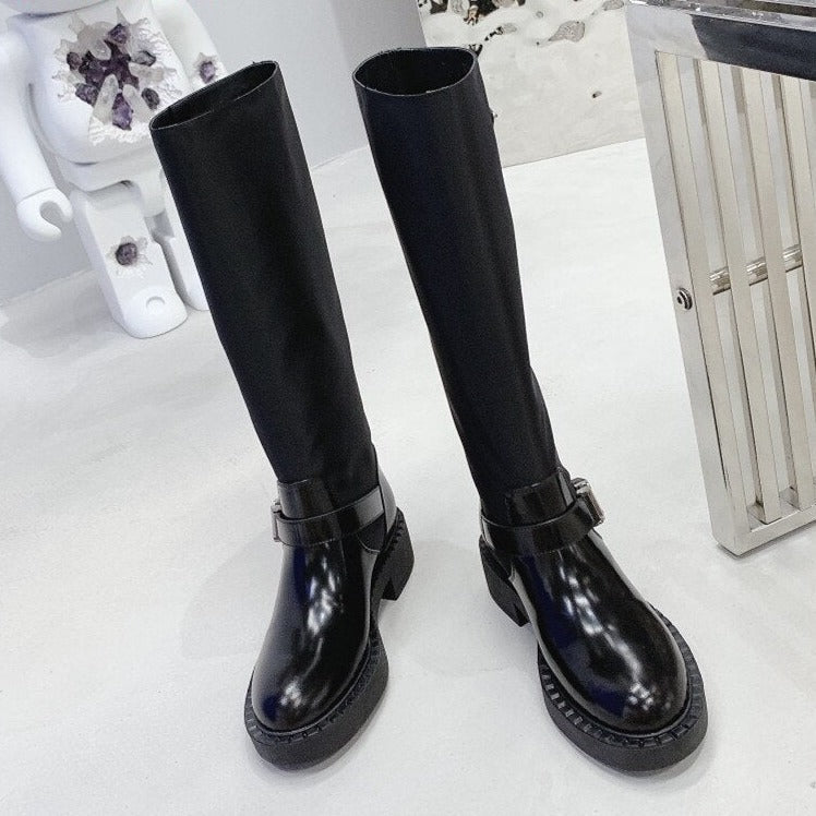 Women Black Buckle Strap Motorcycle Boots Round Toe - LiveTrendsX