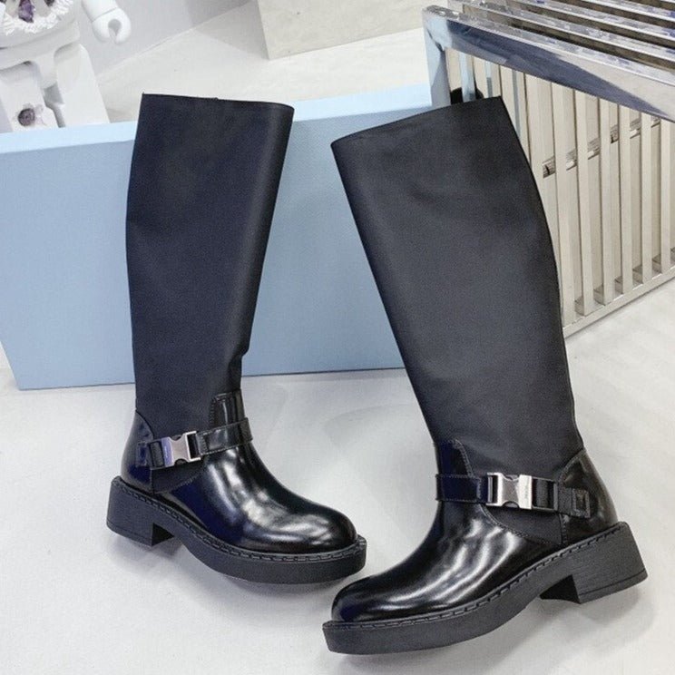 Women Black Buckle Strap Motorcycle Boots Round Toe - LiveTrendsX