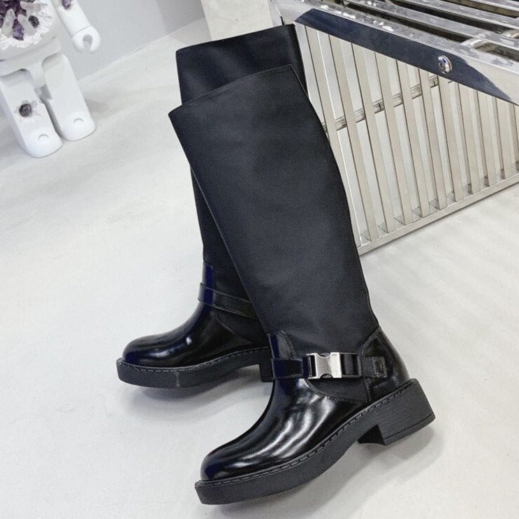 Women Black Buckle Strap Motorcycle Boots Round Toe - LiveTrendsX