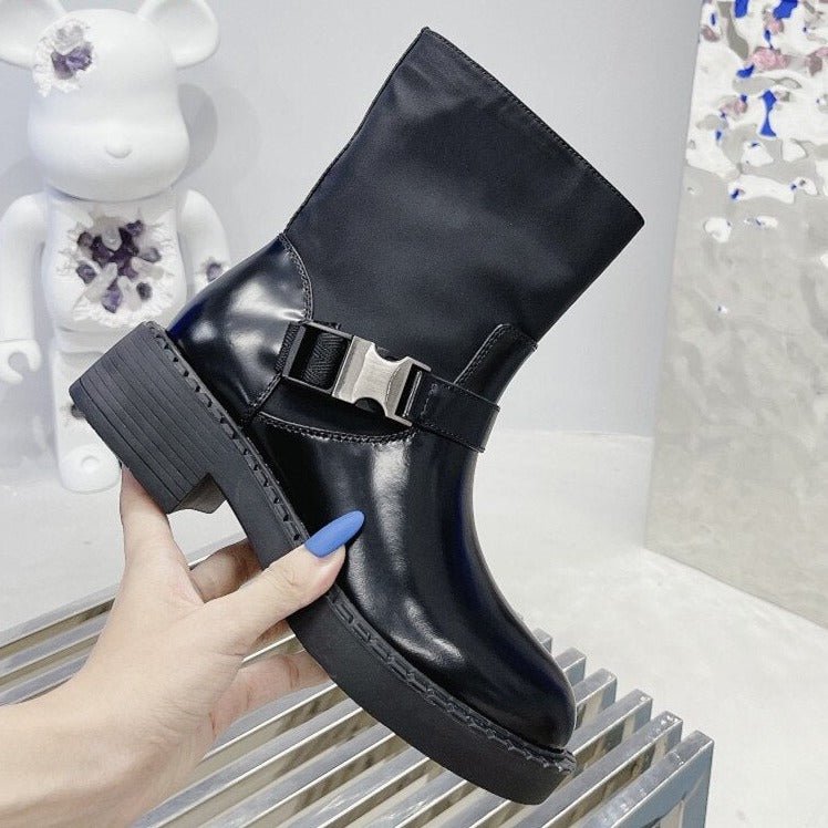 Women Black Buckle Strap Motorcycle Boots Round Toe - LiveTrendsX