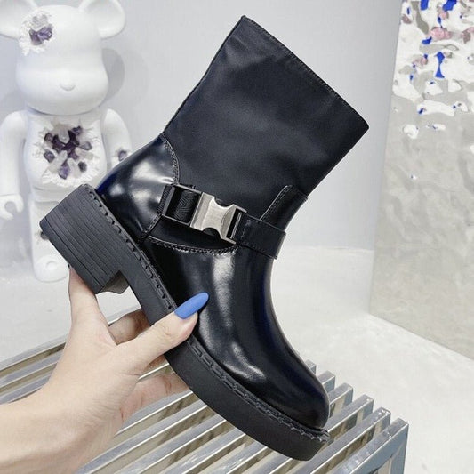 Women Black Buckle Strap Motorcycle Boots Round Toe - LiveTrendsX