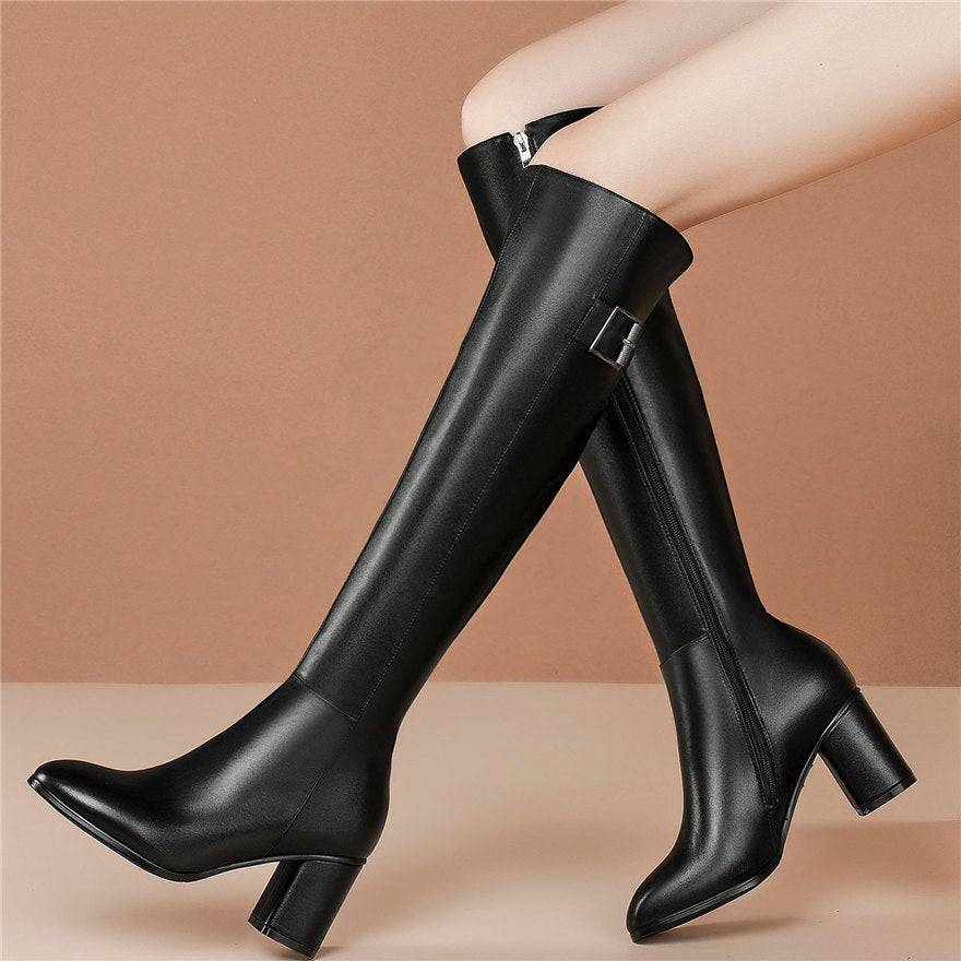 Women Black Cow Leather High Heel Knee High Motorcycle Boots - LiveTrendsX