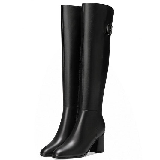 Women Black Cow Leather High Heel Knee High Motorcycle Boots - LiveTrendsX