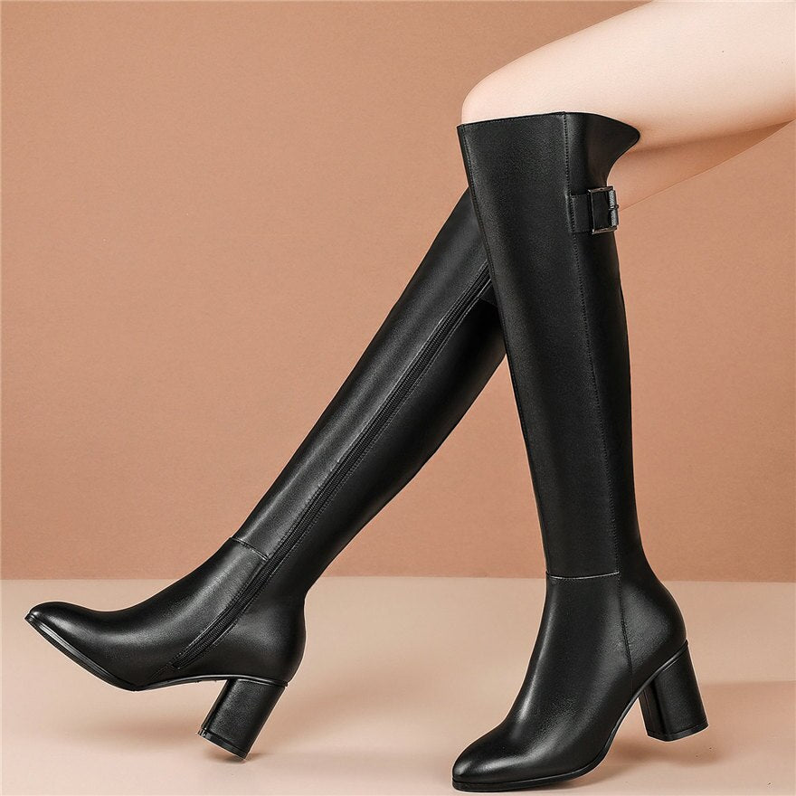 Women Black Cow Leather High Heel Knee High Motorcycle Boots - LiveTrendsX