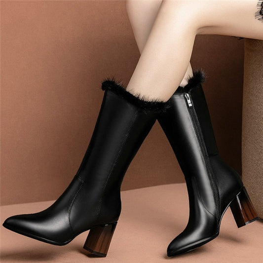 Women Black Cow Leather Pointed Toe Mid Calf Snow Boots - LiveTrendsX