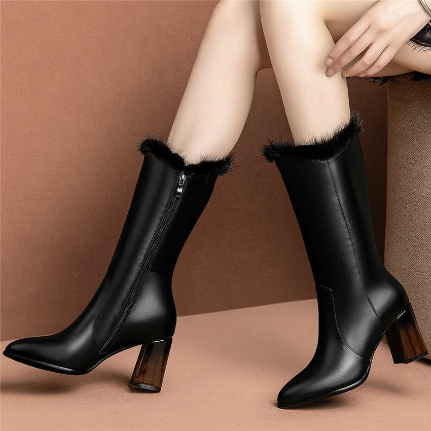 Women Black Cow Leather Pointed Toe Mid Calf Snow Boots - LiveTrendsX