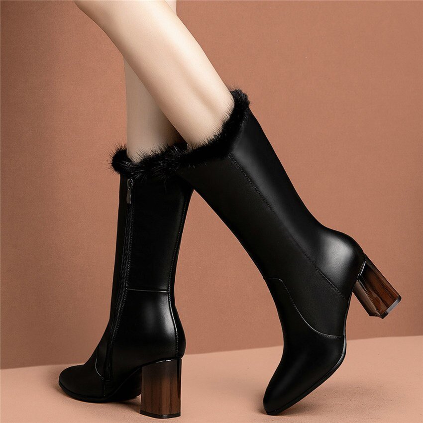 Women Black Cow Leather Pointed Toe Mid Calf Snow Boots - LiveTrendsX