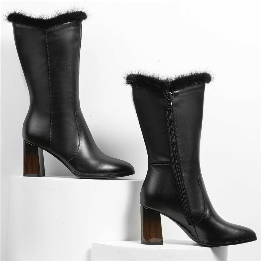 Women Black Cow Leather Pointed Toe Mid Calf Snow Boots - LiveTrendsX