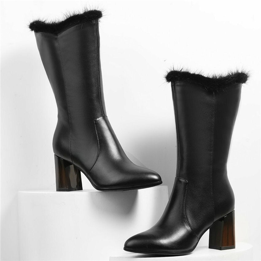 Women Black Cow Leather Pointed Toe Mid Calf Snow Boots - LiveTrendsX