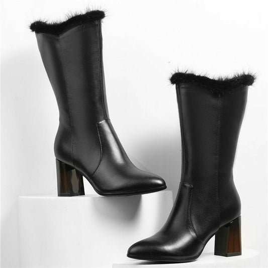 Women Black Cow Leather Pointed Toe Mid Calf Snow Boots - LiveTrendsX