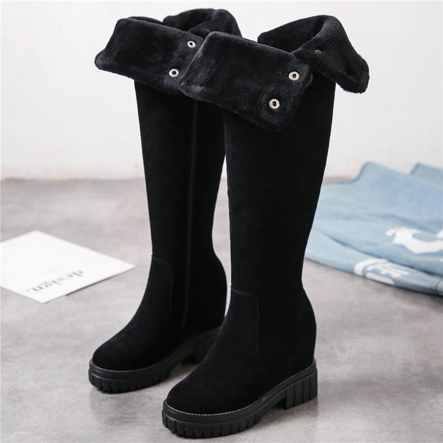 Women Black Genuine Leather High Heel Knee High Military Boots - LiveTrendsX