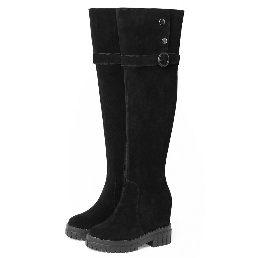 Women Black Genuine Leather High Heel Knee High Military Boots - LiveTrendsX