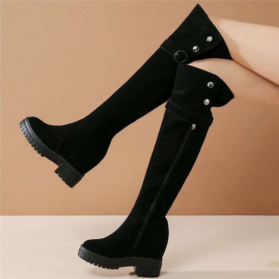 Women Black Genuine Leather High Heel Knee High Military Boots - LiveTrendsX