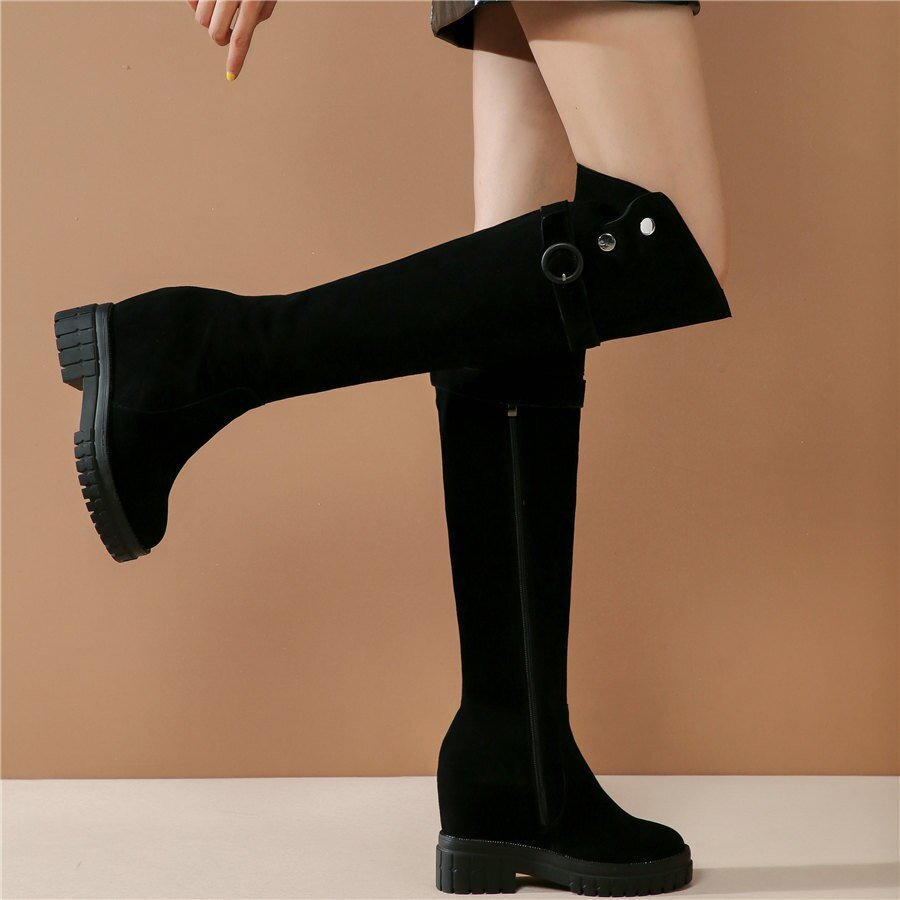 Women Black Genuine Leather High Heel Knee High Military Boots - LiveTrendsX