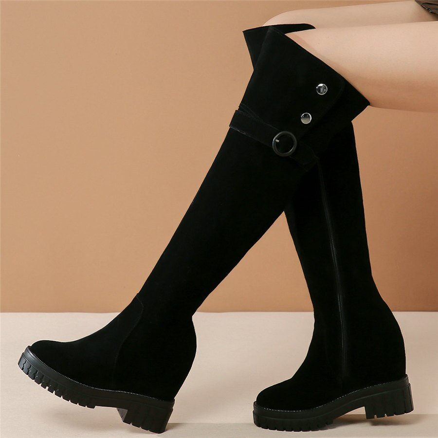Women Black Genuine Leather High Heel Knee High Military Boots - LiveTrendsX