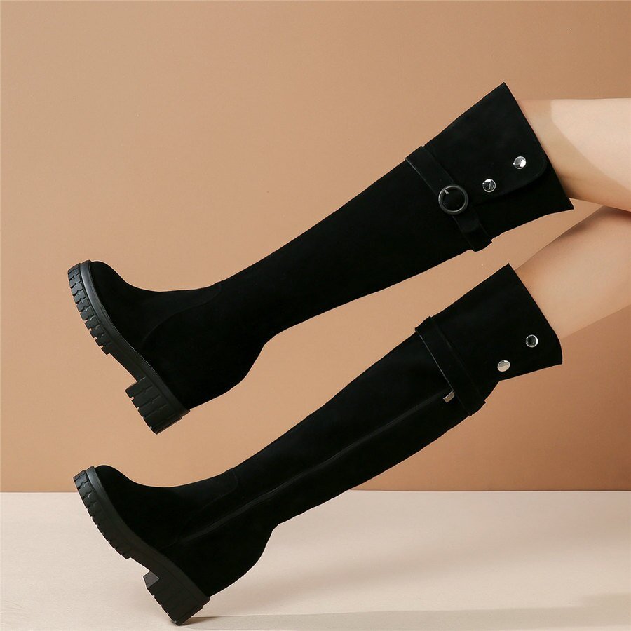 Women Black Genuine Leather High Heel Knee High Military Boots - LiveTrendsX
