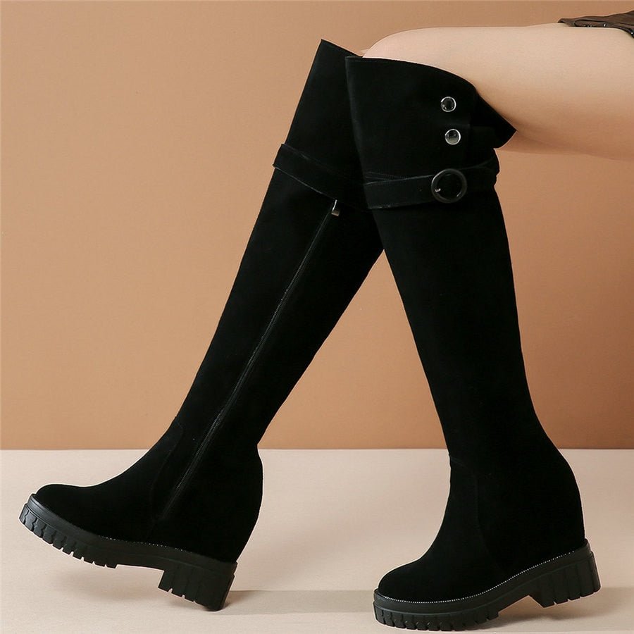 Women Black Genuine Leather High Heel Knee High Military Boots - LiveTrendsX