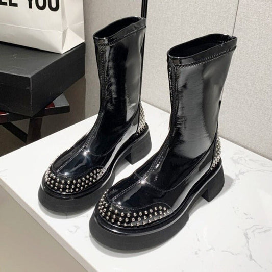 Women Black Motorcycle Boots Chunky Heel Chelsea Boots - LiveTrendsX