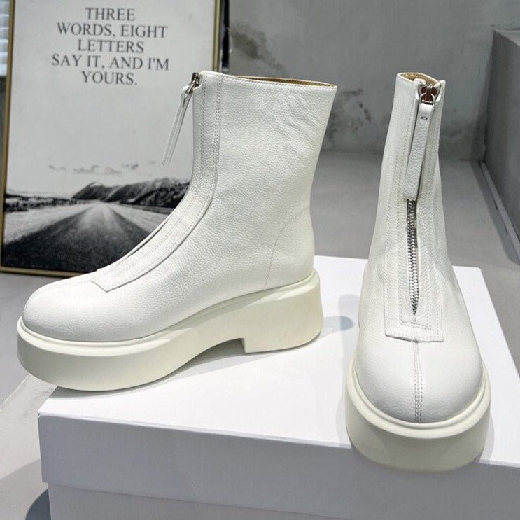 Women Cow Leather Front Zip Chelsea Boots - LiveTrendsX