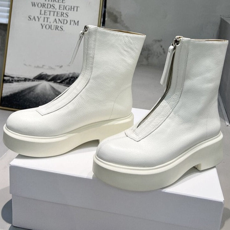 Women Cow Leather Front Zip Chelsea Boots - LiveTrendsX