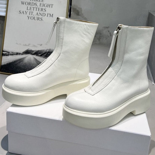 Women Cow Leather Front Zip Chelsea Boots - LiveTrendsX