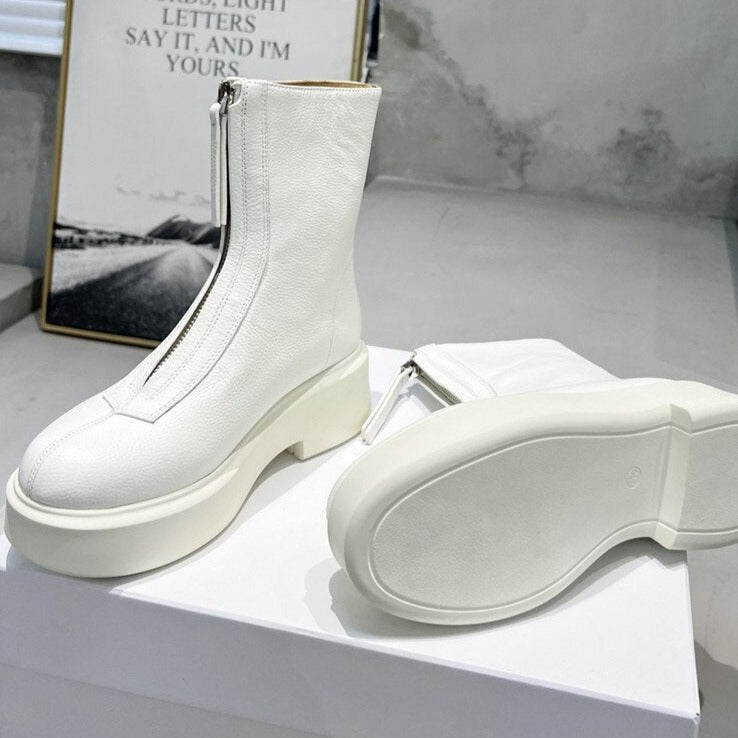 Women Cow Leather Front Zip Chelsea Boots - LiveTrendsX