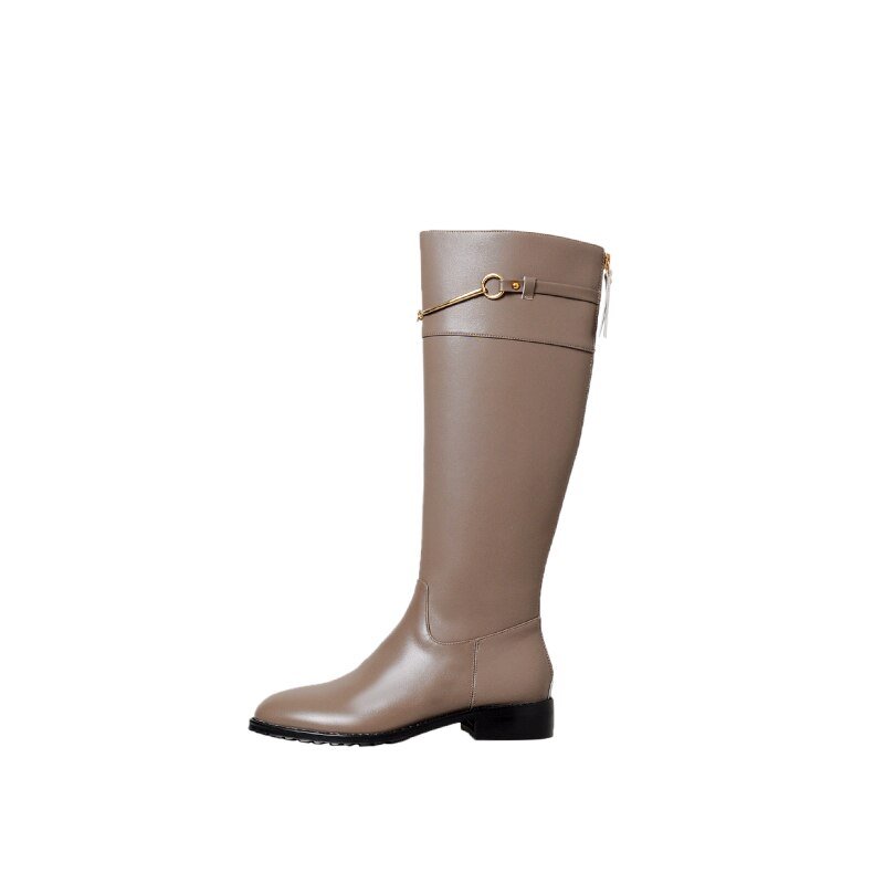 Women cow leather long boots metal chain back Zip Rider Boots - LiveTrendsX