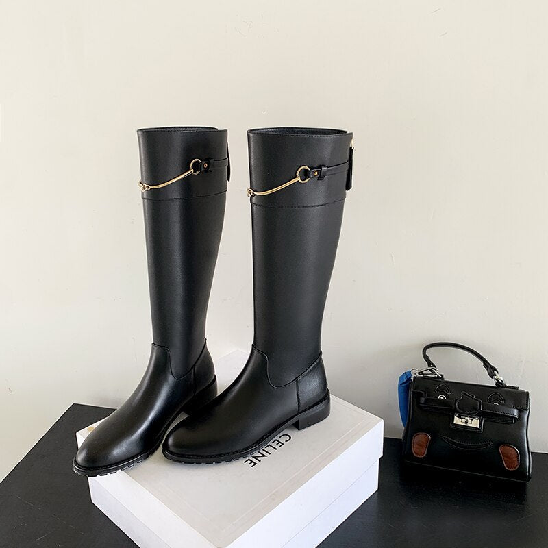 Women cow leather long boots metal chain back Zip Rider Boots - LiveTrendsX