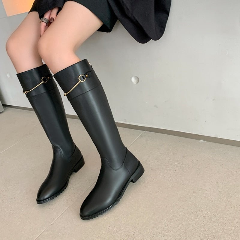 Women cow leather long boots metal chain back Zip Rider Boots - LiveTrendsX