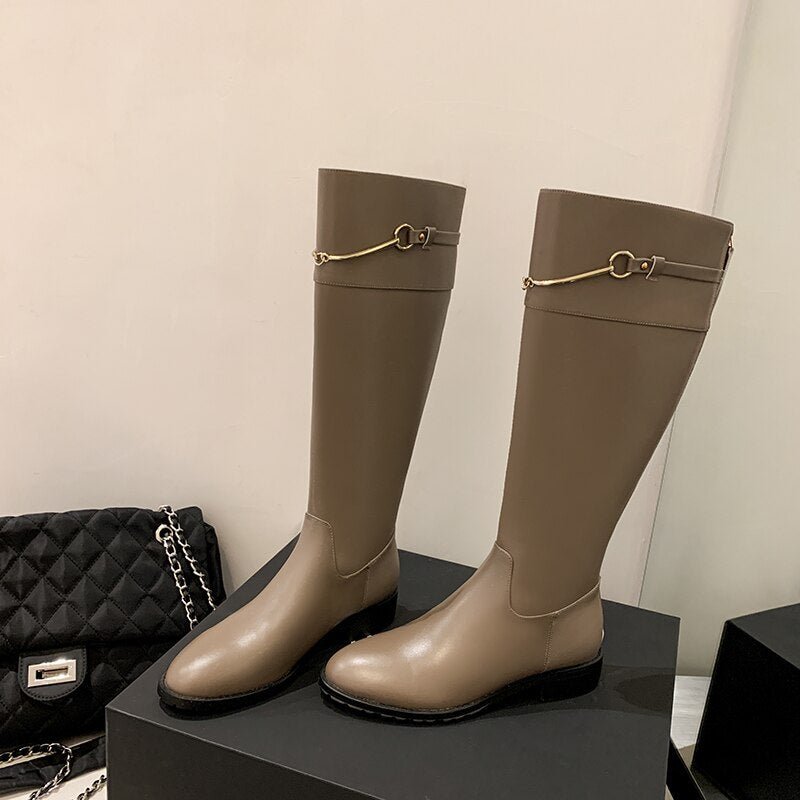 Women cow leather long boots metal chain back Zip Rider Boots - LiveTrendsX