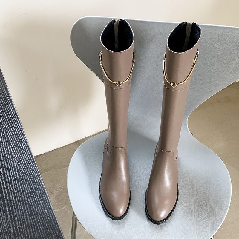 Women cow leather long boots metal chain back Zip Rider Boots - LiveTrendsX