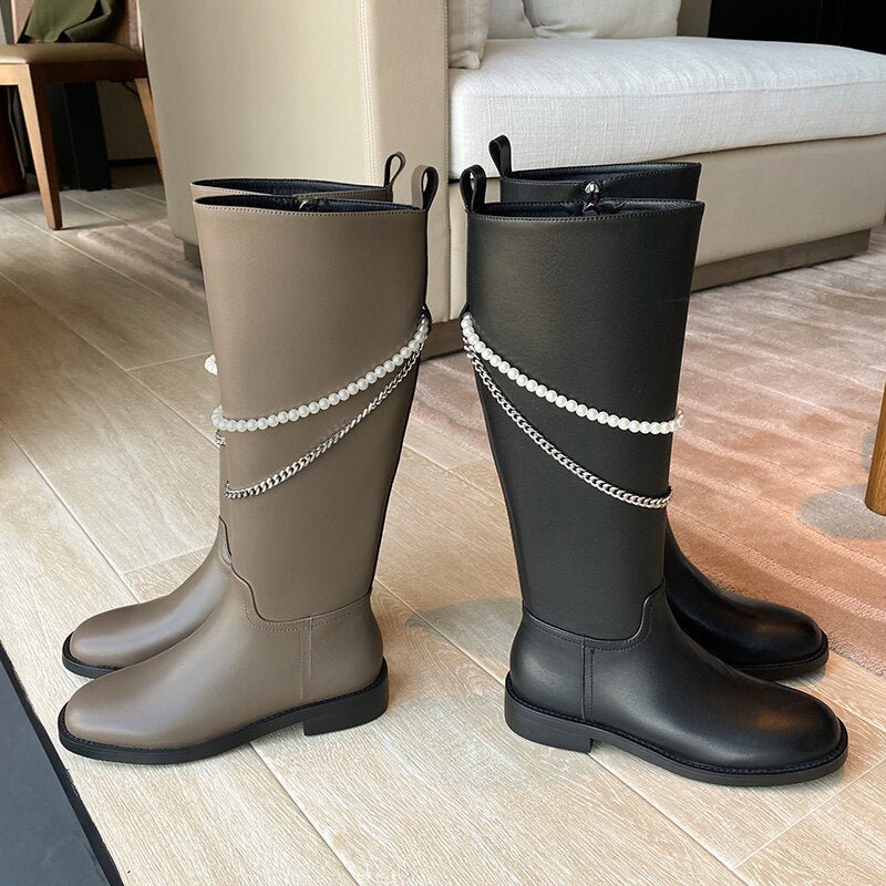 Women cow leather long boots side zipper Pearl Chain Knight Boots - LiveTrendsX