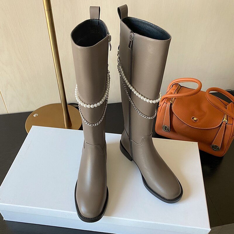 Women cow leather long boots side zipper Pearl Chain Knight Boots - LiveTrendsX
