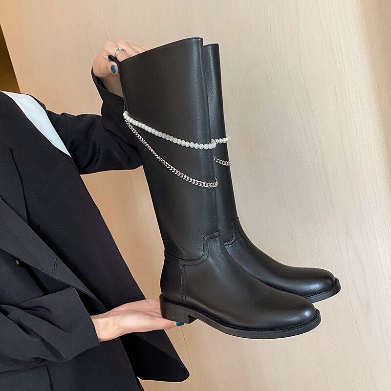 Women cow leather long boots side zipper Pearl Chain Knight Boots - LiveTrendsX