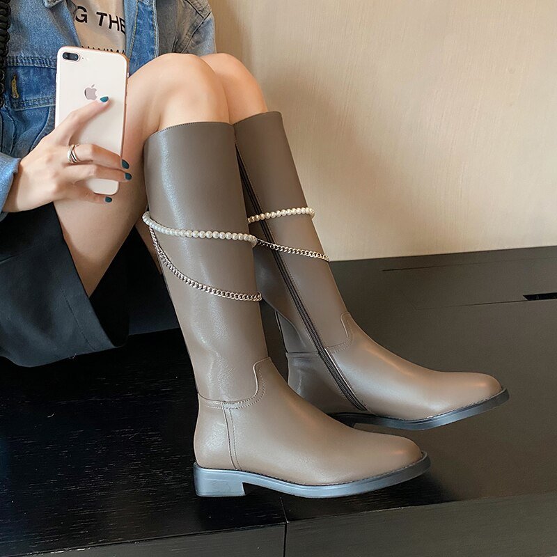 Women cow leather long boots side zipper Pearl Chain Knight Boots - LiveTrendsX