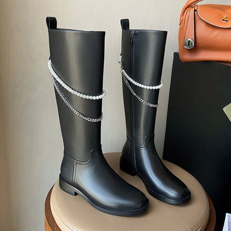 Women cow leather long boots side zipper Pearl Chain Knight Boots - LiveTrendsX