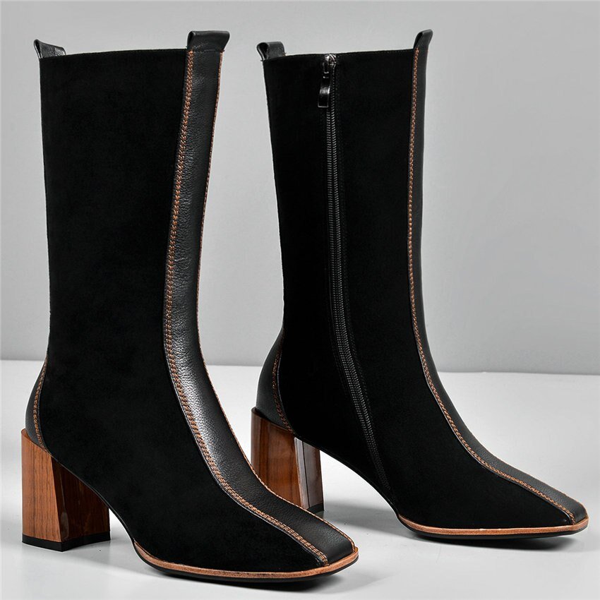 Women Cow Leather Square Toe Mid Calf Boots Chunky High Heel - LiveTrendsX