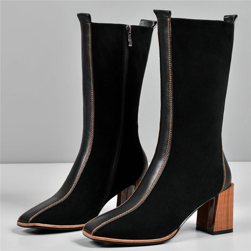 Women Cow Leather Square Toe Mid Calf Boots Chunky High Heel - LiveTrendsX