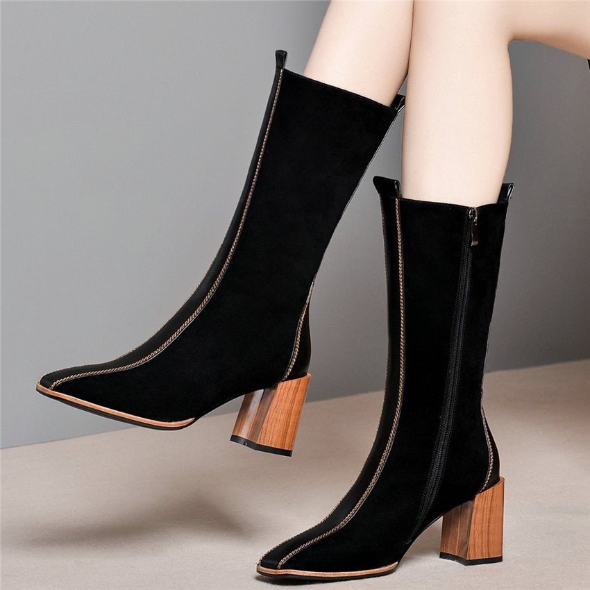 Women Cow Leather Square Toe Mid Calf Boots Chunky High Heel - LiveTrendsX