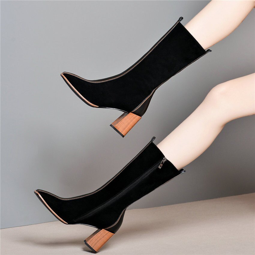 Women Cow Leather Square Toe Mid Calf Boots Chunky High Heel - LiveTrendsX