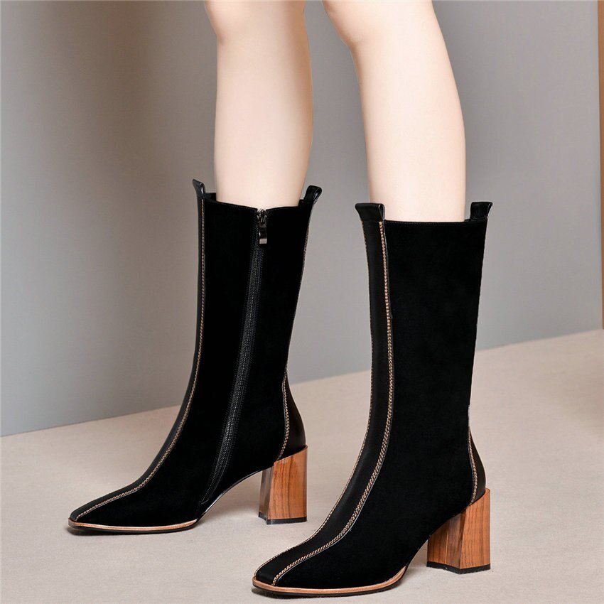 Women Cow Leather Square Toe Mid Calf Boots Chunky High Heel - LiveTrendsX