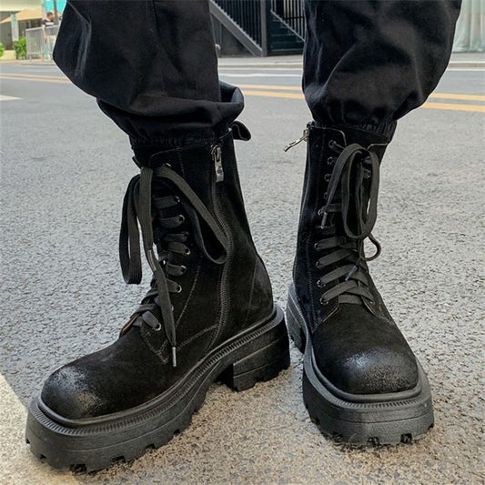 Women Cow Suede Motorcycle Boots Thick High Heel Shoes Square Toe - LiveTrendsX