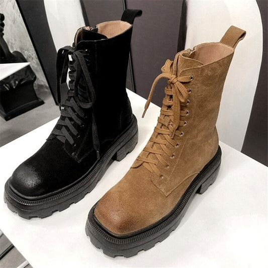 Women Cow Suede Motorcycle Boots Thick High Heel Shoes Square Toe - LiveTrendsX